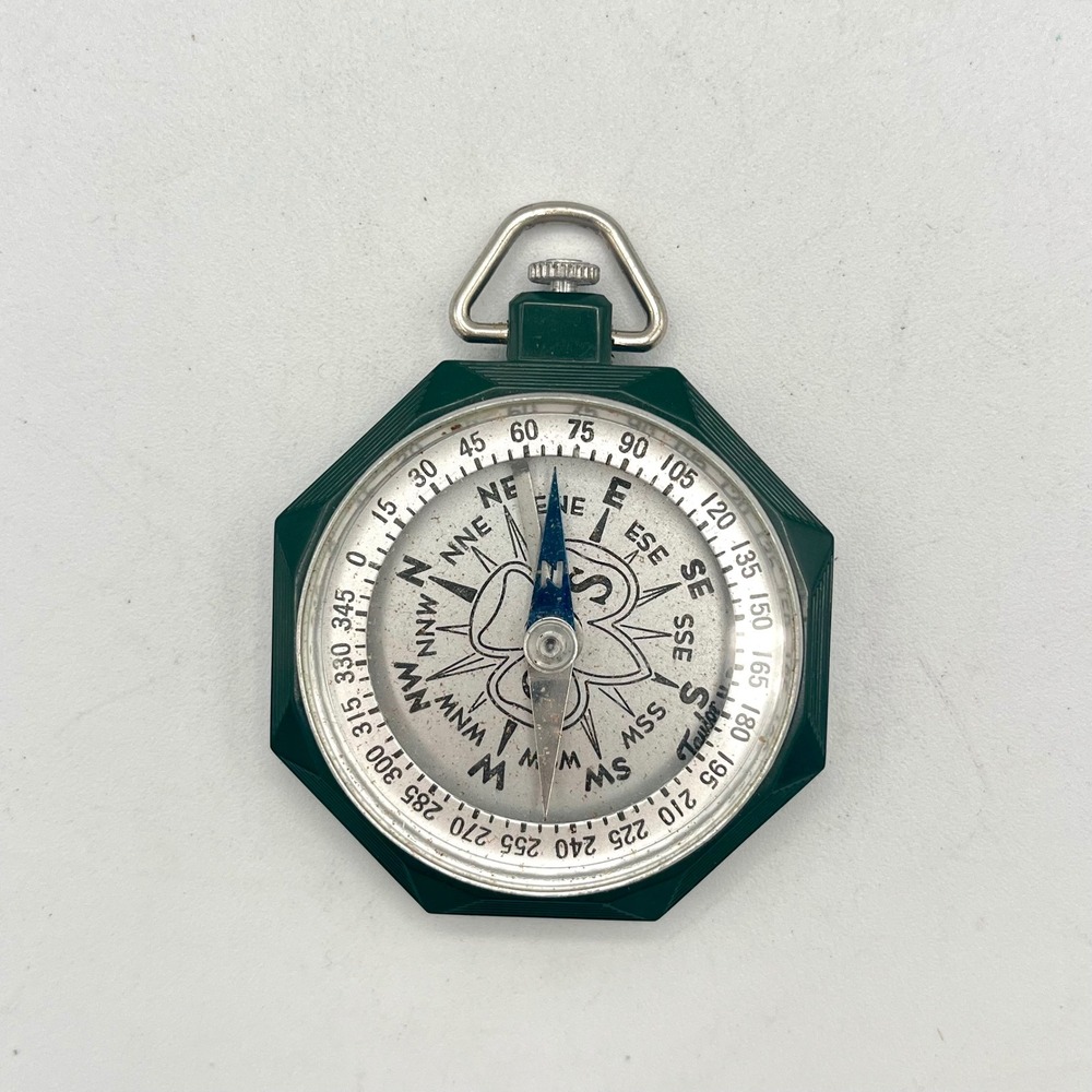 Vintage Taylor Girl Scout Pocket Compass Green Octagonal Case Navigation